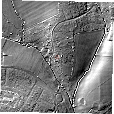 Shaded relief map of the ground around MK410JX, computed from Environment Agency LiDAR. The ground here sits at about 33 m above sea level and falls 13 m across the surrounding 800 m. Surface water reaching this point runs off ground lying to the north-east, 4.2 m higher.