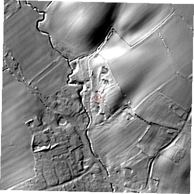 Shaded relief map of the ground around MK410LD, computed from Environment Agency LiDAR. The ground here sits at about 36 m above sea level and falls 37 m across the surrounding 800 m. Surface water reaching this point runs off ground lying to the east-north-east, 16.3 m higher.