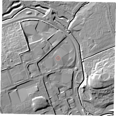 Shaded relief map of the ground around MK410QB, computed from Environment Agency LiDAR. The ground here sits at about 27 m above sea level and falls 14 m across the surrounding 800 m. The ground contributing surface water to this point lies to the west.