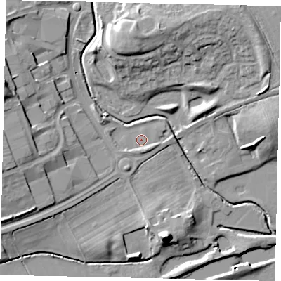 Shaded relief map of the ground around MK410QN, computed from Environment Agency LiDAR. The ground here sits at about 23 m above sea level and falls 16 m across the surrounding 800 m. Surface water reaching this point runs off ground lying to the south-south-east, 1.7 m higher.