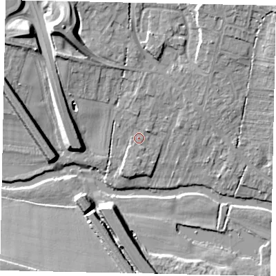 Shaded relief map of the ground around MK416AF, computed from Environment Agency LiDAR. The ground here sits at about 33 m above sea level and falls 12 m across the surrounding 800 m. Surface water reaching this point runs off ground lying to the north, 2.6 m higher.