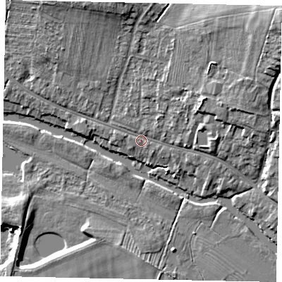 Shaded relief map of the ground around MK416AG, computed from Environment Agency LiDAR. The ground here sits at about 32 m above sea level and falls 19 m across the surrounding 800 m. Surface water reaching this point runs off ground lying to the north-east, 16.3 m higher.