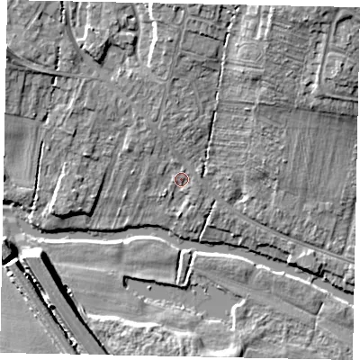 Shaded relief map of the ground around MK416AH, computed from Environment Agency LiDAR. The ground here sits at about 33 m above sea level and falls 13 m across the surrounding 800 m. Surface water reaching this point runs off ground lying to the north-north-west, 1.3 m higher.