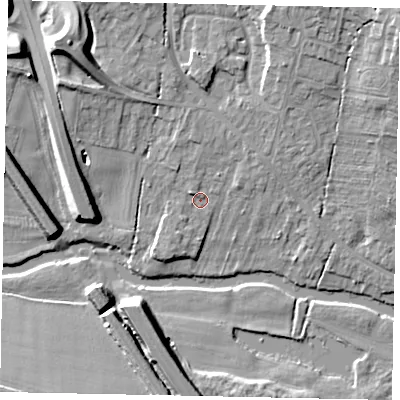 Shaded relief map of the ground around MK416AL, computed from Environment Agency LiDAR. The ground here sits at about 32 m above sea level and falls 12 m across the surrounding 800 m. Surface water reaching this point runs off ground lying to the north-north-east, 6.8 m higher.