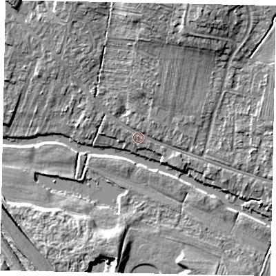 Shaded relief map of the ground around MK416AQ, computed from Environment Agency LiDAR. The ground here sits at about 32 m above sea level and falls 11 m across the surrounding 800 m. Surface water reaching this point runs off ground lying to the north, 7.1 m higher.