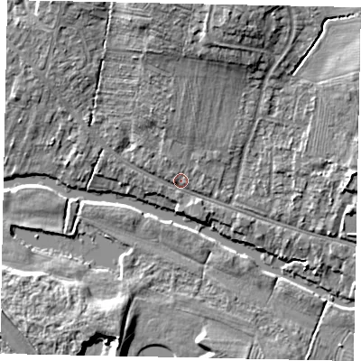 Shaded relief map of the ground around MK416BP, computed from Environment Agency LiDAR. The ground here sits at about 32 m above sea level and falls 11 m across the surrounding 800 m. Surface water reaching this point runs off ground lying to the north, 8.1 m higher.