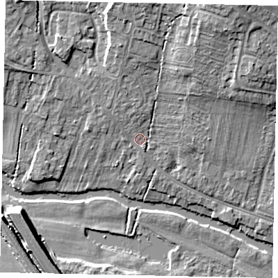 Shaded relief map of the ground around MK416BS, computed from Environment Agency LiDAR. The ground here sits at about 33 m above sea level and falls 13 m across the surrounding 800 m. Surface water reaching this point runs off ground lying to the north, 7.0 m higher.