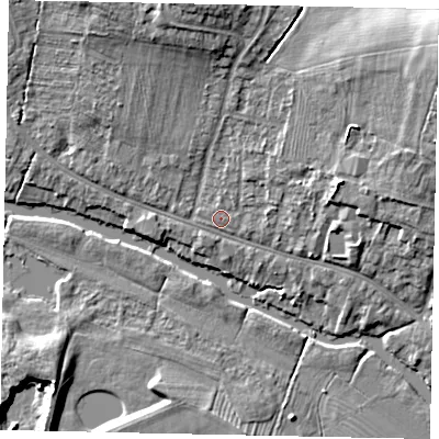 Shaded relief map of the ground around MK416BW, computed from Environment Agency LiDAR. The ground here sits at about 32 m above sea level and falls 17 m across the surrounding 800 m. Surface water reaching this point runs off ground lying to the north-north-east, 0.7 m higher.