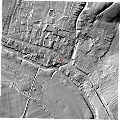 Shaded relief map of the ground around MK416DL, computed from Environment Agency LiDAR. The ground here sits at about 32 m above sea level and falls 26 m across the surrounding 800 m. Surface water reaching this point runs off ground lying to the north-west, 0.8 m higher.