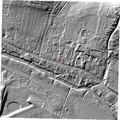 Shaded relief map of the ground around MK416DN, computed from Environment Agency LiDAR. The ground here sits at about 32 m above sea level and falls 20 m across the surrounding 800 m. Surface water reaching this point runs off ground lying to the north-east, 18.1 m higher.