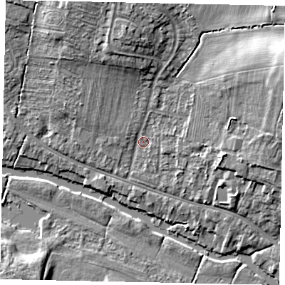 Shaded relief map of the ground around MK416DS, computed from Environment Agency LiDAR. The ground here sits at about 33 m above sea level and falls 16 m across the surrounding 800 m. Surface water reaching this point runs off ground lying to the east-north-east, 13.1 m higher.