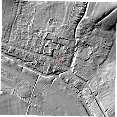 Shaded relief map of the ground around MK416EG, computed from Environment Agency LiDAR. The ground here sits at about 33 m above sea level and falls 27 m across the surrounding 800 m. Surface water reaching this point runs off ground lying to the north-north-east, 4.8 m higher.