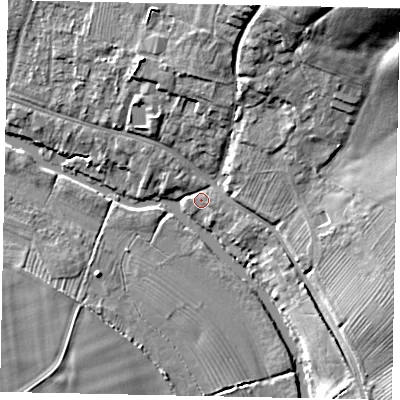 Shaded relief map of the ground around MK416EH, computed from Environment Agency LiDAR. The ground here sits at about 32 m above sea level and falls 24 m across the surrounding 800 m. Surface water reaching this point runs off ground lying to the north-east, 21.4 m higher.