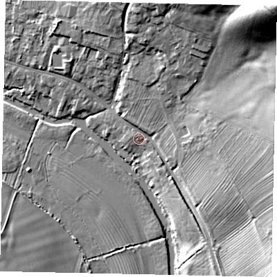 Shaded relief map of the ground around MK416EJ, computed from Environment Agency LiDAR. The ground here sits at about 33 m above sea level and falls 27 m across the surrounding 800 m. Surface water reaching this point runs off ground lying to the north-east, 24.1 m higher.
