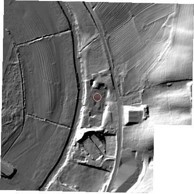 Shaded relief map of the ground around MK416EL, computed from Environment Agency LiDAR. The ground here sits at about 33 m above sea level and falls 41 m across the surrounding 800 m. Surface water reaching this point runs off ground lying to the south-east, 26.5 m higher.