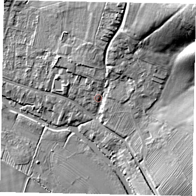 Shaded relief map of the ground around MK416EP, computed from Environment Agency LiDAR. The ground here sits at about 34 m above sea level and falls 29 m across the surrounding 800 m. Surface water reaching this point runs off ground lying to the north-east, 25.5 m higher.