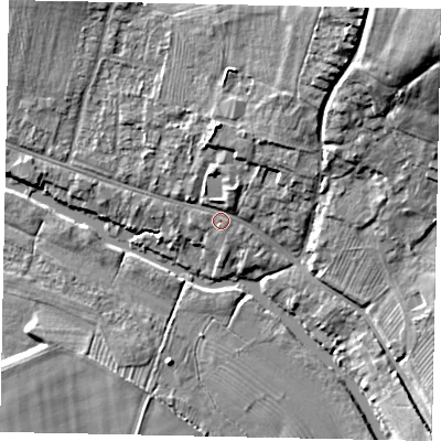 Shaded relief map of the ground around MK416EQ, computed from Environment Agency LiDAR. The ground here sits at about 33 m above sea level and falls 25 m across the surrounding 800 m. Surface water reaching this point runs off ground lying to the north-north-east, 2.0 m higher.