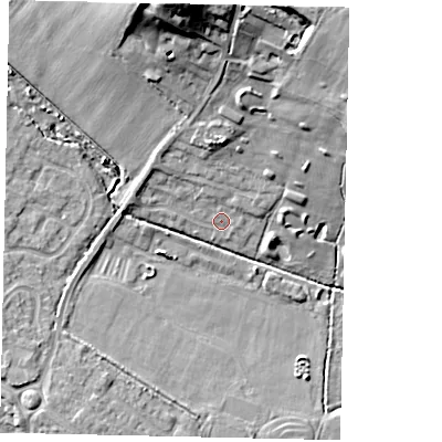Shaded relief map of the ground around MK418DY, computed from Environment Agency LiDAR. The ground here sits at about 36 m above sea level and falls 30 m across the surrounding 800 m. Surface water reaching this point runs off ground lying to the north-north-east, 26.8 m higher.
