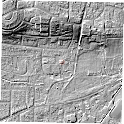 Shaded relief map of the ground around MK419EX, computed from Environment Agency LiDAR. The ground here sits at about 25 m above sea level and falls 12 m across the surrounding 800 m. Surface water reaching this point runs off ground lying to the north-west, 11.3 m higher.