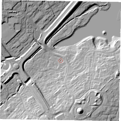 Shaded relief map of the ground around MK41JL, computed from Environment Agency LiDAR. The ground here sits at about 85 m above sea level and falls 19 m across the surrounding 800 m. Surface water reaching this point runs off ground lying to the south-south-east, 3.3 m higher.