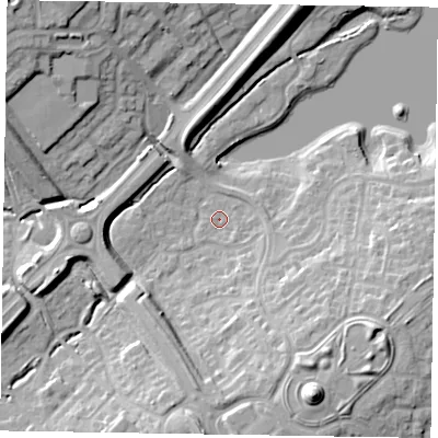 Shaded relief map of the ground around MK41JN, computed from Environment Agency LiDAR. The ground here sits at about 85 m above sea level and falls 19 m across the surrounding 800 m. Surface water reaching this point runs off ground lying to the south-east, 3.4 m higher.