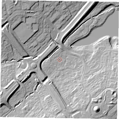 Shaded relief map of the ground around MK41JW, computed from Environment Agency LiDAR. The ground here sits at about 86 m above sea level and falls 19 m across the surrounding 800 m. Surface water reaching this point runs off ground lying to the south-east, 15.7 m higher.