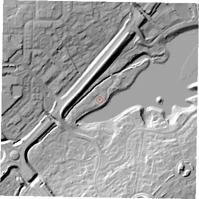 Shaded relief map of the ground around MK41LW, computed from Environment Agency LiDAR. The ground here sits at about 84 m above sea level and falls 17 m across the surrounding 800 m. Surface water reaching this point runs off ground lying to the west-south-west, 1.5 m higher.
