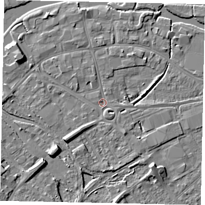 Shaded relief map of the ground around MK420AB, computed from Environment Agency LiDAR. The ground here sits at about 26 m above sea level and falls 9 m across the surrounding 800 m. Surface water reaching this point runs off ground lying to the south-west, 7.1 m higher.