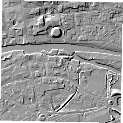 Shaded relief map of the ground around MK420AE, computed from Environment Agency LiDAR. The ground here sits at about 27 m above sea level and falls 9 m across the surrounding 800 m. Surface water reaching this point runs off ground lying to the south-west, 1.0 m higher.