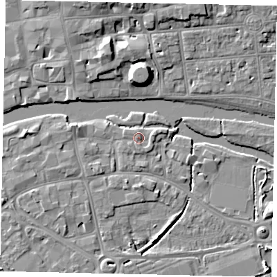 Shaded relief map of the ground around MK420AF, computed from Environment Agency LiDAR. The ground here sits at about 27 m above sea level and falls 9 m across the surrounding 800 m. Surface water reaching this point runs off ground lying to the south-south-east, 1.0 m higher.