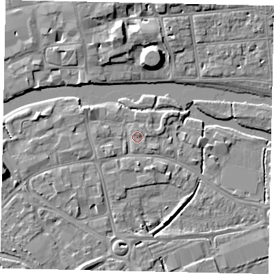 Shaded relief map of the ground around MK420AL, computed from Environment Agency LiDAR. The ground here sits at about 26 m above sea level and falls 9 m across the surrounding 800 m. Surface water reaching this point runs off ground lying to the west-north-west, 2.1 m higher.