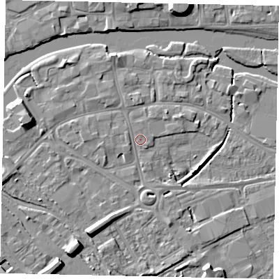 Shaded relief map of the ground around MK420AQ, computed from Environment Agency LiDAR. The ground here sits at about 27 m above sea level and falls 9 m across the surrounding 800 m. Surface water reaching this point runs off ground lying to the north, 0.6 m higher.