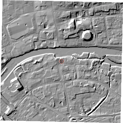 Shaded relief map of the ground around MK420AR, computed from Environment Agency LiDAR. The ground here sits at about 27 m above sea level and falls 9 m across the surrounding 800 m. Surface water reaching this point runs off ground lying to the west-north-west, 2.1 m higher.
