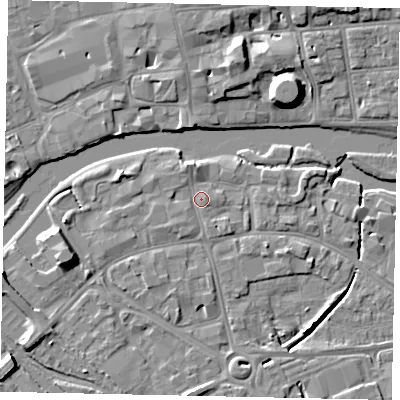 Shaded relief map of the ground around MK420AS, computed from Environment Agency LiDAR. The ground here sits at about 26 m above sea level and falls 9 m across the surrounding 800 m. Surface water reaching this point runs off ground lying to the south-west, 1.2 m higher.