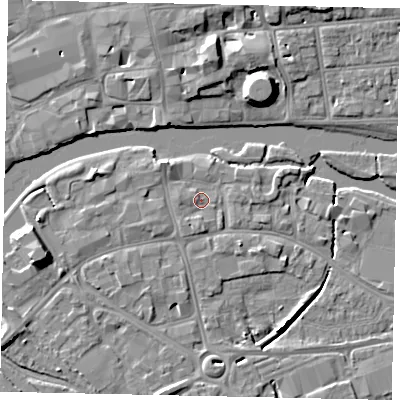Shaded relief map of the ground around MK420AT, computed from Environment Agency LiDAR. The ground here sits at about 26 m above sea level and falls 9 m across the surrounding 800 m. Surface water reaching this point runs off ground lying to the south-east, 1.5 m higher.