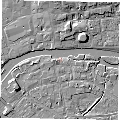 Shaded relief map of the ground around MK420AU, computed from Environment Agency LiDAR. The ground here sits at about 26 m above sea level and falls 9 m across the surrounding 800 m. Surface water reaching this point runs off ground lying to the west, 2.9 m higher.