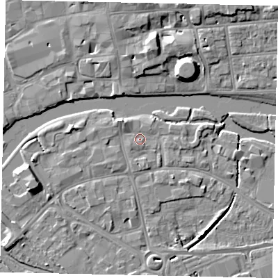 Shaded relief map of the ground around MK420AX, computed from Environment Agency LiDAR. The ground here sits at about 26 m above sea level and falls 9 m across the surrounding 800 m. Surface water reaching this point runs off ground lying to the north-west, 2.1 m higher.