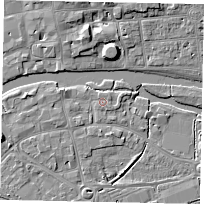 Shaded relief map of the ground around MK420AY, computed from Environment Agency LiDAR. The ground here sits at about 26 m above sea level and falls 9 m across the surrounding 800 m. Surface water reaching this point runs off ground lying to the east-north-east, 0.9 m higher.