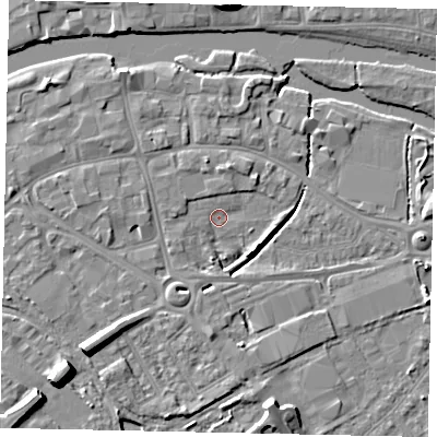 Shaded relief map of the ground around MK420BE, computed from Environment Agency LiDAR. The ground here sits at about 26 m above sea level and falls 9 m across the surrounding 800 m. Surface water reaching this point runs off ground lying to the south-west, 8.0 m higher.