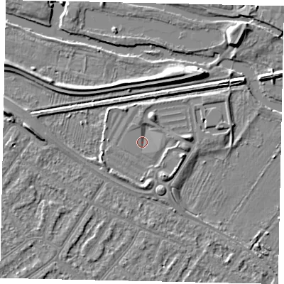 Shaded relief map of the ground around MK420BG, computed from Environment Agency LiDAR. The ground here sits at about 25 m above sea level and falls 7 m across the surrounding 800 m. The ground contributing surface water to this point lies to the south-east.