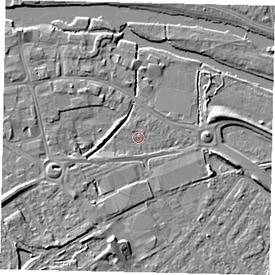 Shaded relief map of the ground around MK420BH, computed from Environment Agency LiDAR. The ground here sits at about 26 m above sea level and falls 8 m across the surrounding 800 m. Surface water reaching this point runs off ground lying to the west, 0.7 m higher.