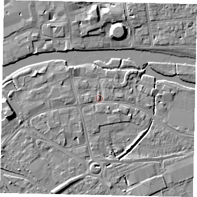 Shaded relief map of the ground around MK420BJ, computed from Environment Agency LiDAR. The ground here sits at about 27 m above sea level and falls 9 m across the surrounding 800 m. Surface water reaching this point runs off ground lying to the north-west, 2.1 m higher.