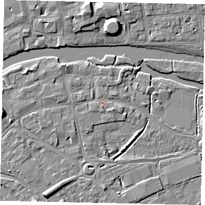 Shaded relief map of the ground around MK420BN, computed from Environment Agency LiDAR. The ground here sits at about 26 m above sea level and falls 9 m across the surrounding 800 m. Surface water reaching this point runs off ground lying to the north-west, 2.1 m higher.