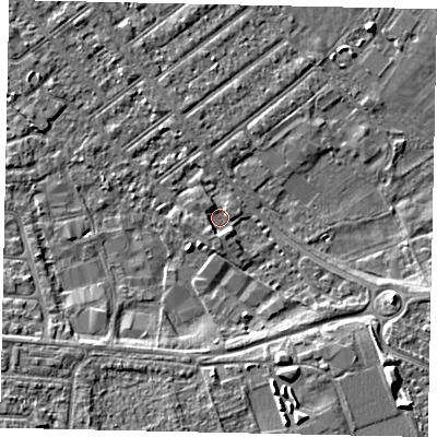 Shaded relief map of the ground around MK420BP, computed from Environment Agency LiDAR. The ground here sits at about 25 m above sea level and falls 6 m across the surrounding 800 m. Surface water reaching this point runs off ground lying to the south-west, 4.6 m higher.