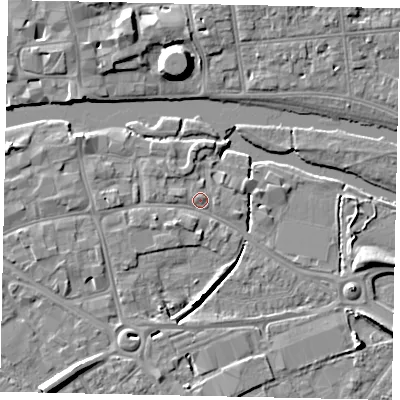 Shaded relief map of the ground around MK420BS, computed from Environment Agency LiDAR. The ground here sits at about 26 m above sea level and falls 9 m across the surrounding 800 m. Surface water reaching this point runs off ground lying to the west-north-west, 2.3 m higher.