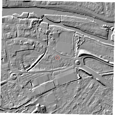 Shaded relief map of the ground around MK420BT, computed from Environment Agency LiDAR. The ground here sits at about 26 m above sea level and falls 9 m across the surrounding 800 m. Surface water reaching this point runs off ground lying to the east-south-east, 4.0 m higher.