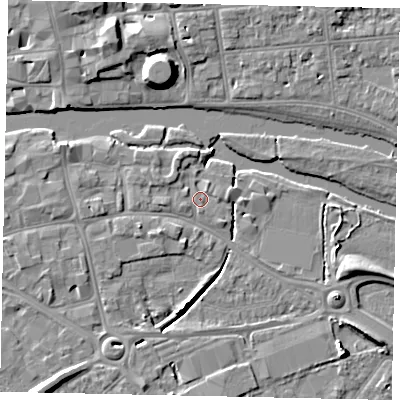 Shaded relief map of the ground around MK420BU, computed from Environment Agency LiDAR. The ground here sits at about 26 m above sea level and falls 9 m across the surrounding 800 m. Surface water reaching this point runs off ground lying to the east-north-east, 1.0 m higher.