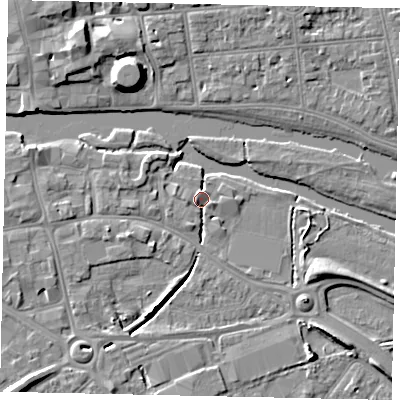 Shaded relief map of the ground around MK420BX, computed from Environment Agency LiDAR. The ground here sits at about 26 m above sea level and falls 9 m across the surrounding 800 m. Surface water reaching this point runs off ground lying to the north, 2.4 m higher.