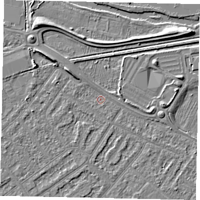 Shaded relief map of the ground around MK420BY, computed from Environment Agency LiDAR. The ground here sits at about 25 m above sea level and falls 8 m across the surrounding 800 m. Surface water reaching this point runs off ground lying to the north-west, 1.0 m higher.