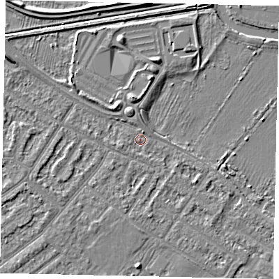 Shaded relief map of the ground around MK420BZ, computed from Environment Agency LiDAR. The ground here sits at about 25 m above sea level and falls 6 m across the surrounding 800 m. Surface water reaching this point runs off ground lying to the north-north-west, 2.5 m higher.
